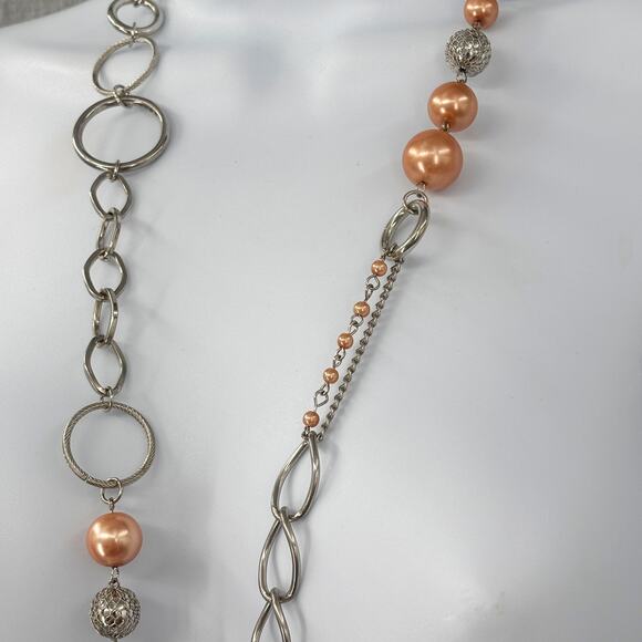 Long Silver-Tone Chain Necklace with Peach Beads 32"-35" Lobster Clasp Y2K Style - Picture 3 of 7